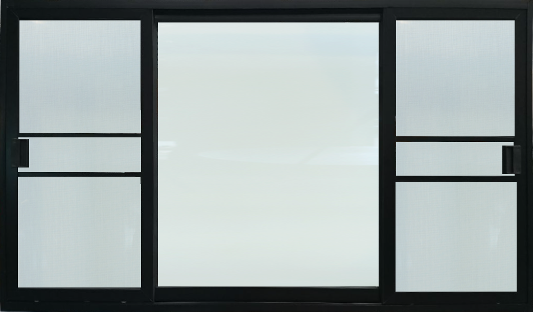 หน้าต่างบานเลื่อน 3 ช่อง อลูมิเนียมสีดำ+กระจกใสเขียว+มุ้ง  180ซม.*110ซม.